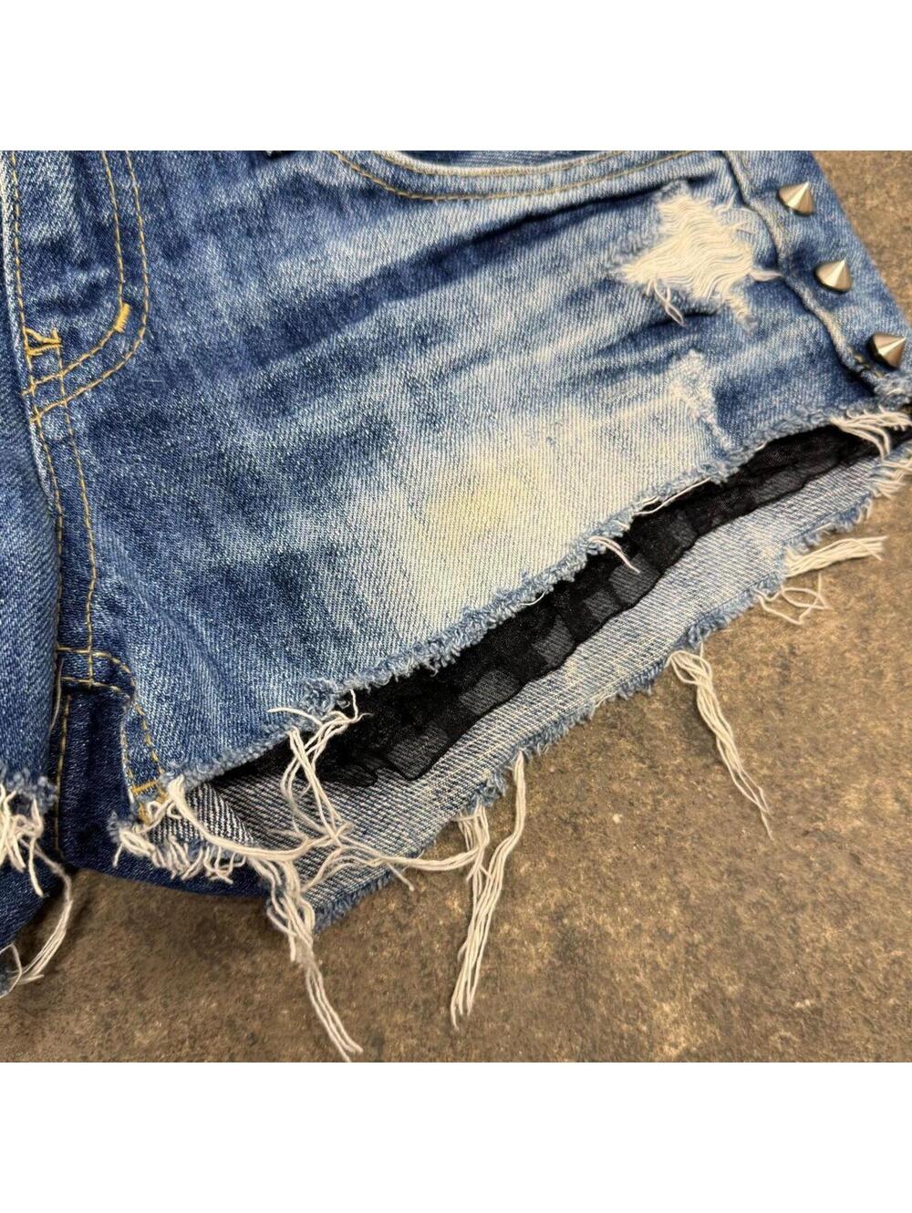 Vintage Y2K Low Rise Denim Micro Shorts Faded Spiked - Picture 4 of 8